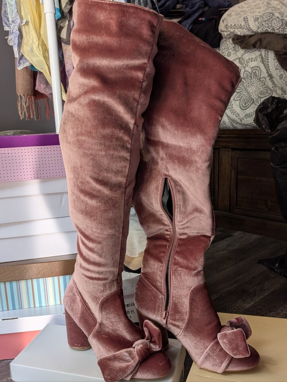 SHEIN Rose Velvet Over-the-Knee Boots with Bow